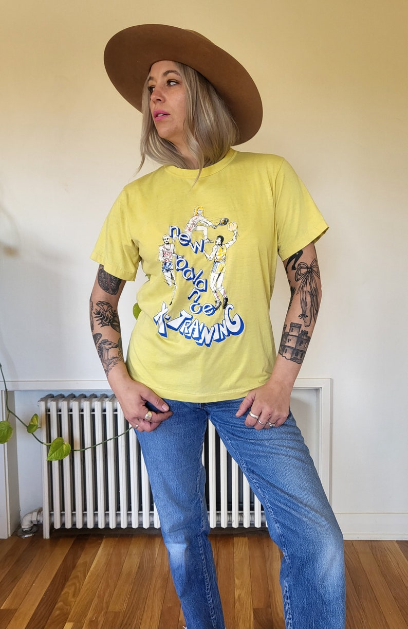 Vintage New Balance Tee / Faded Pale Yellow Paper Thin See Through ...