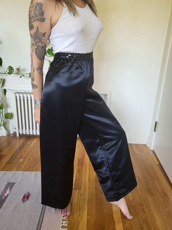 Vintage black sequin and satin like wide leg pant… - image 7