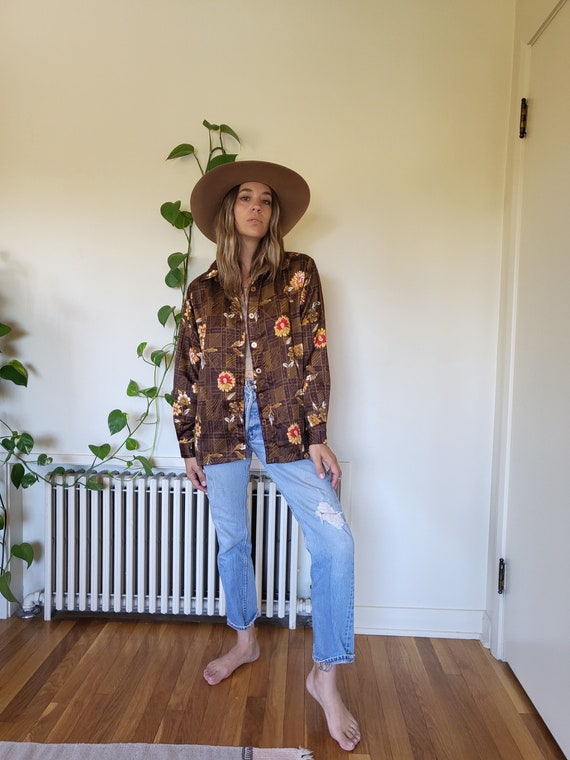 Vintage brown polyester floral button up down pxfo