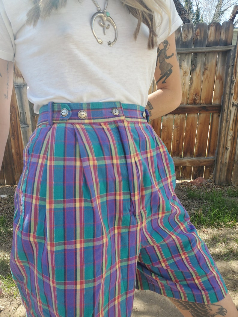 Vintage purple plaid sparkle shorts rainbow plaid adjustanble cotton long lightweight shorts rare purple plaid gold shorts