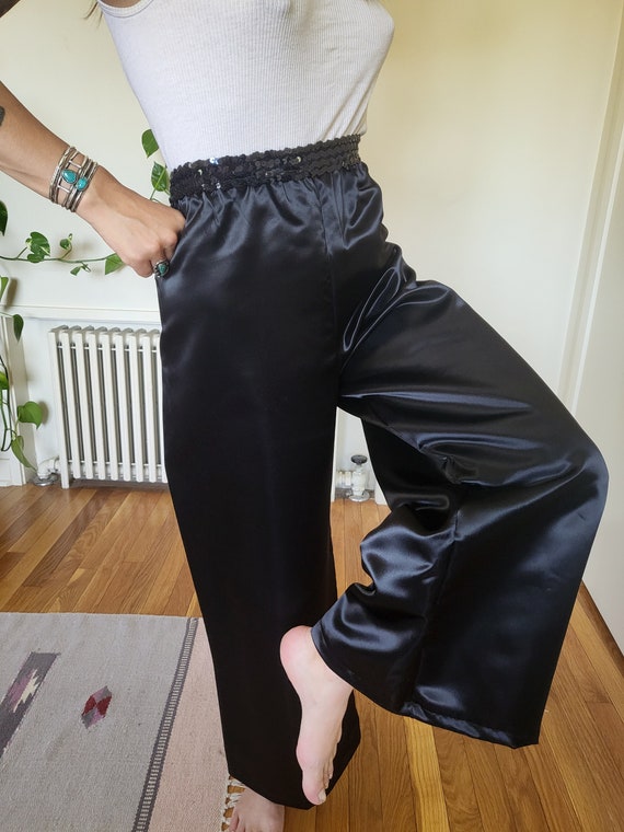 Vintage black sequin and satin like wide leg pant… - image 5