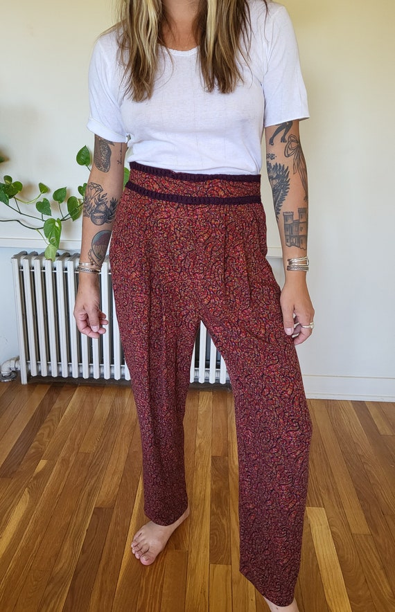 Vintage 90s brown floral pants / floral drawstrin… - image 2