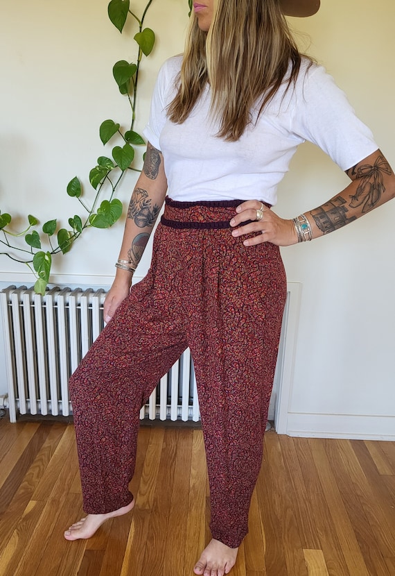 Vintage 90s brown floral pants / floral drawstrin… - image 5