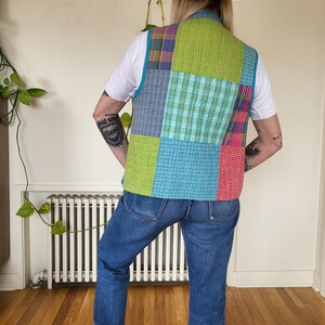 Vintage handmade quilt blanket vest / vintage quilt blanket handmade vest layering top / green plaid quilt layering vest top with tie image 6