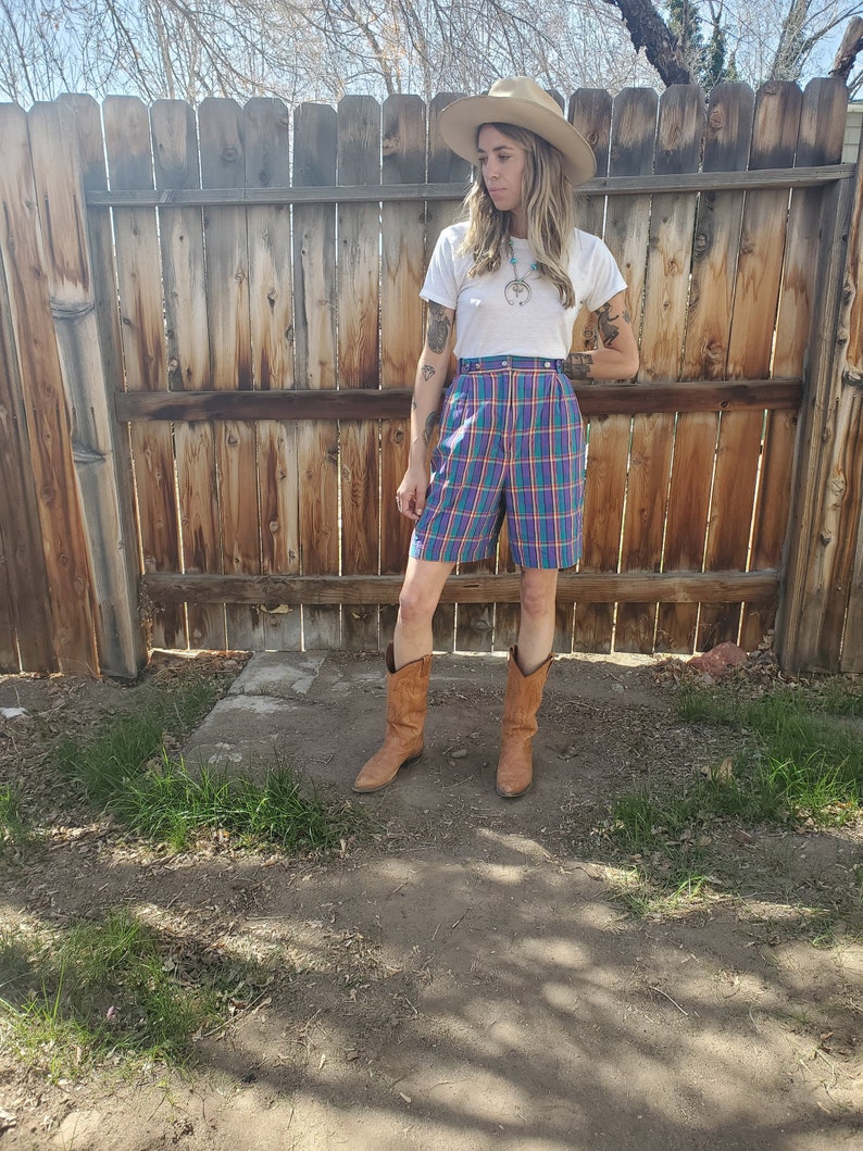 Vintage purple plaid sparkle shorts rainbow plaid adjustanble cotton long lightweight shorts rare purple plaid gold shorts