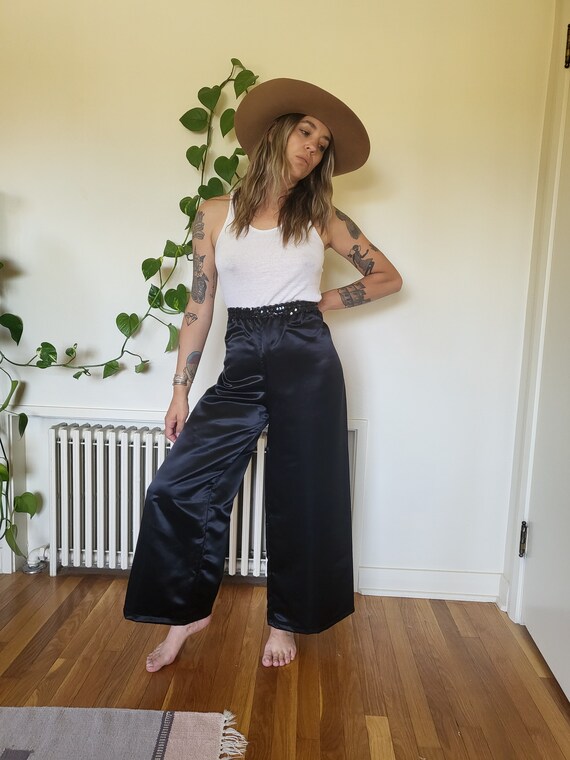 Vintage black sequin and satin like wide leg pant… - image 3