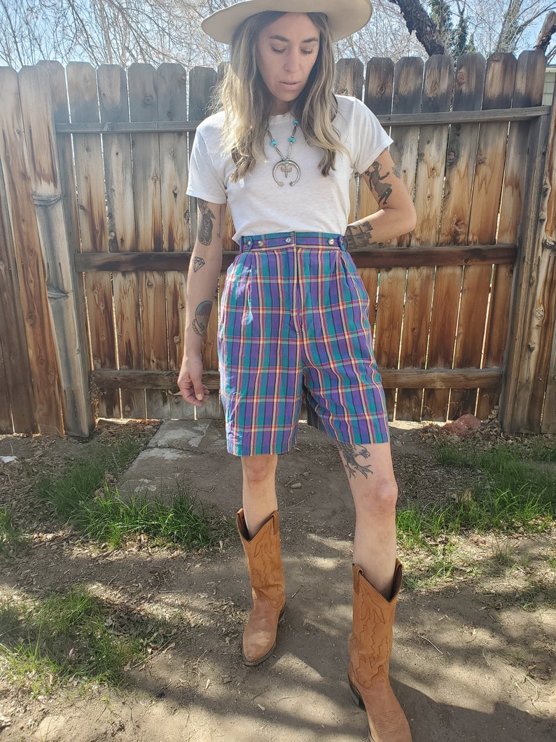 Vintage purple plaid sparkle shorts rainbow plaid adjustanble cotton long lightweight shorts rare purple plaid gold shorts