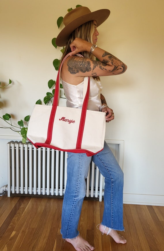 Vintage Margie Boat and Tote LL Bean / vintage L.L Bean red and white boat and tote bag / small boat and tote red and white stiff bag