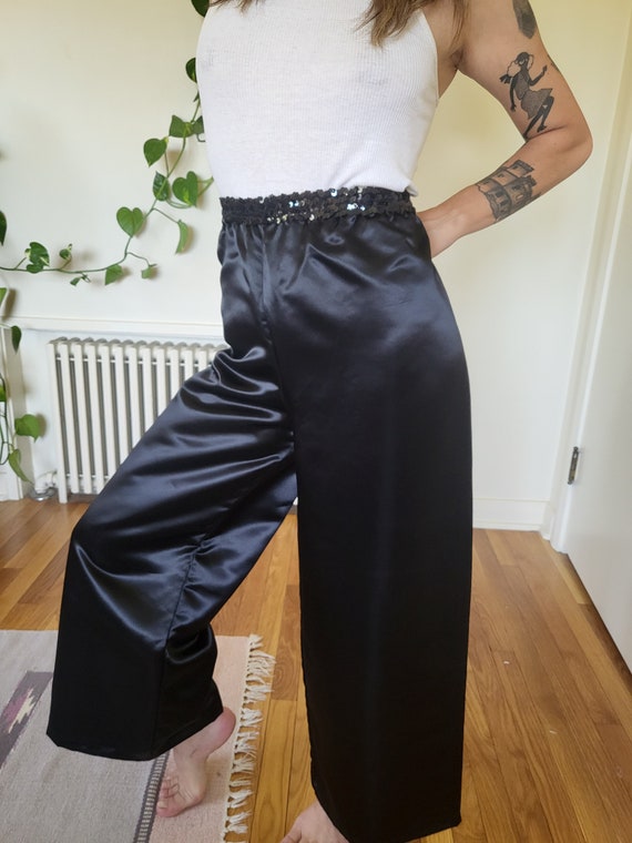 Vintage black sequin and satin like wide leg pant… - image 8