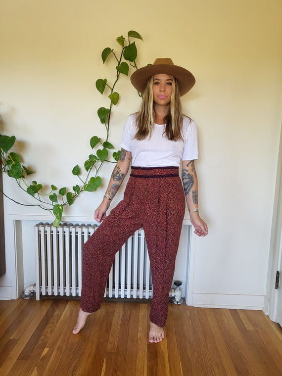 Vintage 90s brown floral pants / floral drawstrin… - image 1