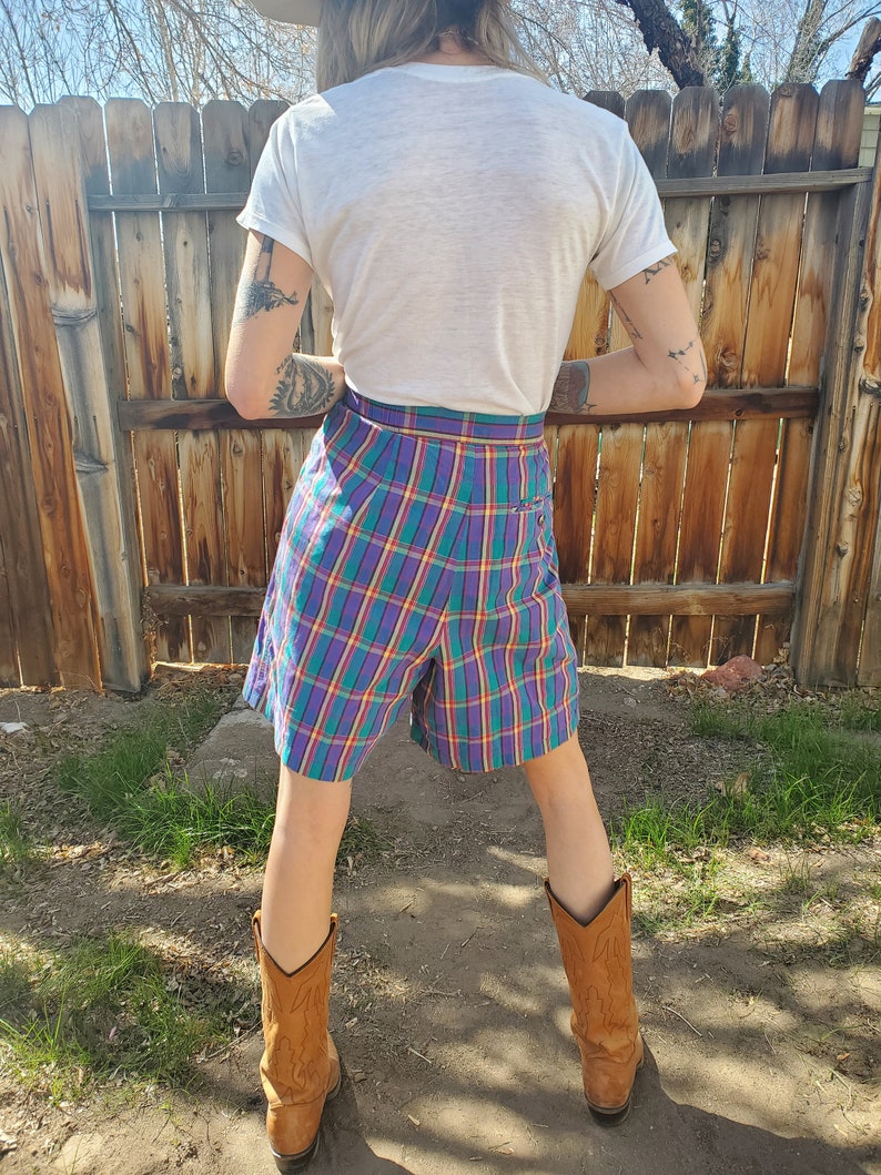 Vintage purple plaid sparkle shorts rainbow plaid adjustanble cotton long lightweight shorts rare purple plaid gold shorts