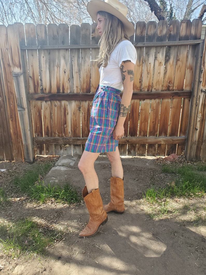 Vintage purple plaid sparkle shorts rainbow plaid adjustanble cotton long lightweight shorts rare purple plaid gold shorts