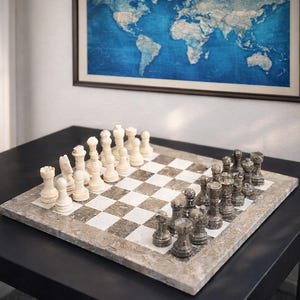 Hand-Carved Natural Marble Chess Set – Grey Stone Board, Velvet Case, 12-Inch Board