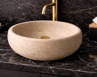 Handmade Travertine Stone Vessel Sink, Natural Marble Round Basin, Modern Luxury Bathroom Vanity