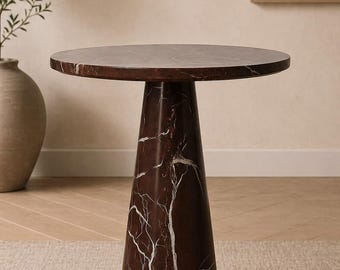 Mesa de centro redonda pequena em mármore vermelho | Móvel lateral artesanal em pedra | Decoração de luxo