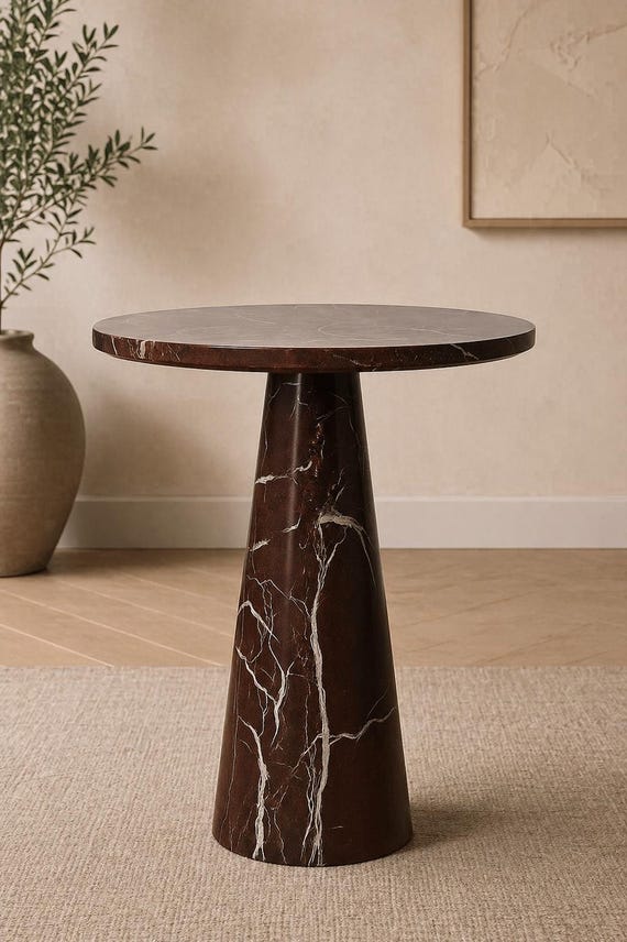 Red Marble Accent Table | Small Round Coffee Table | Handmade Stone Side Furniture | Luxury Decor