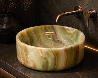 Green Onyx Marble Vessel, Luxury Vanity Basin, Hand Carved Stone Bowl, Modern Home Decor