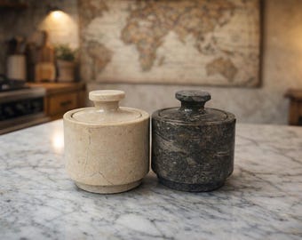 Handmade Marble Salt and Pepper Cellars | Lidded Spice Jar Set