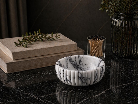 Handmade Stone bowl, Fluted Luxury Decor Accent for Modern Home.