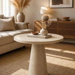 May include: A neutral-toned living room scene featuring a round, beige coffee table with a conical base. A book titled "KINFOLK" rests on the table, alongside a small vase and a wooden bowl. The room includes a beige sofa, a rug, and decorative vases.