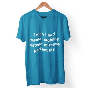Könnte beinhalten: Ein türkisfarbenes V-Ausschnitt-T-Shirt mit dem weißen Text: "I wish I had mental stability instead of these perfect tits." Das Shirt hängt an einem Holzbügel vor weißem Hintergrund.