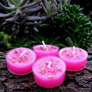 Set of 4 Pink Candles Ritual Tealights Love Wiccan Spell Pagan Romance Cast Spiritual Altar Supply Magick Petals Herbal Unscented