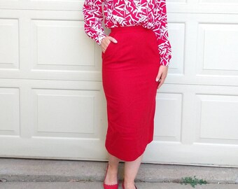 red pencil midi skirt