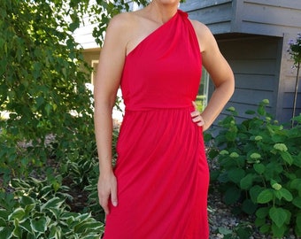 BILL BLASS red one-shoulder DRESS 1970's 70's xs (O6)