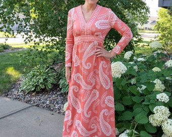 peachy pink PAISLEY MAXI DRESS 60's 70's S (H2)