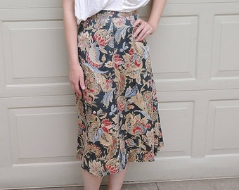 1980s 1990s LONG FLORAL SKIRT pockets liz claiborne M L (K8)