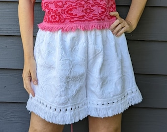 FRINGED SHORTS made from.a vintage coverlet M L