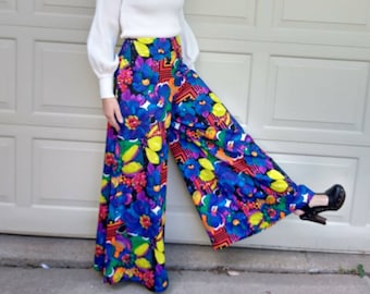 HIGH WAIST wide leg PANTS trousers psych bright S M (K11)