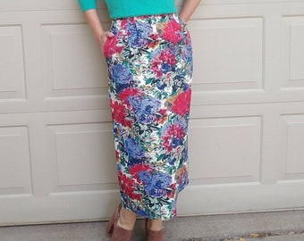 long FLORAL DENIM SKIRT 1980's 80's S (J7)