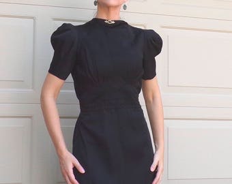 BLACK TAFFETA party DRESS vintage 1930's 1940's S