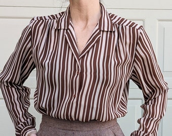 BROWN STRIPED BLOUSE button front M L (H3)