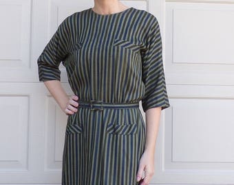 mr jack dallas OLIVE GREEN STRIPED belted 1960's dress M 31 waist (F6)