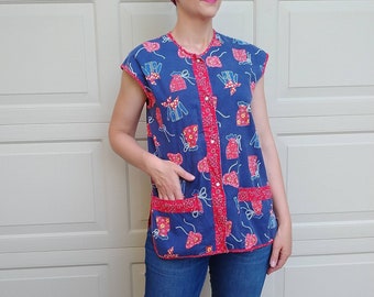 western print SLEEVELESS ART SMOCK 1970's S (K3)