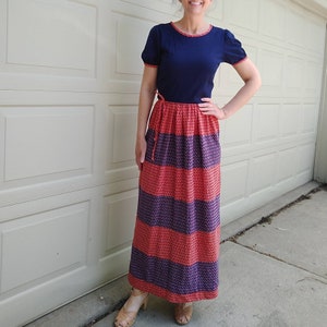 RED WHITE + BLUE maxi dress cotton jersey 1960&#39;s 1970&#39;s sears S (F1)