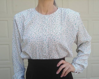 1980's 1990's FAILLE BLOUSE teal brown M L (K11)