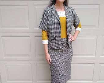 BLACK and WHITE GINGHAM wool pencil skirt suit short sleeve jacket M (G2)