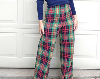 HIGH WAISTED plaid PANTS wide leg S (E3)