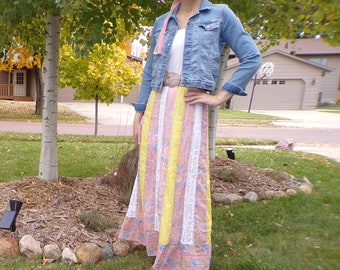 boho PATCHWORK MAXI SKIRT 1970s 70s M (O8)