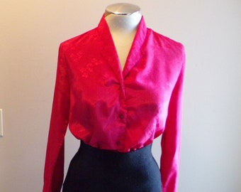 1980's RED SATIN button front BLOUSE 80's S (F6)