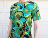 MOD SHIFT DRESS bright green blue colors S xs 34 bust (G1)