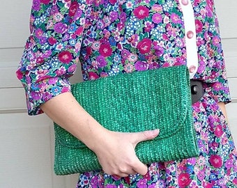 GREEN STRAW CLUTCH 1980's bag purse (H5)