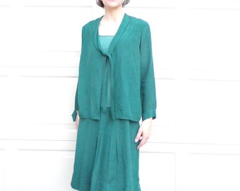 deep GREEN SILK 1920s DRESS 20s S (D9)