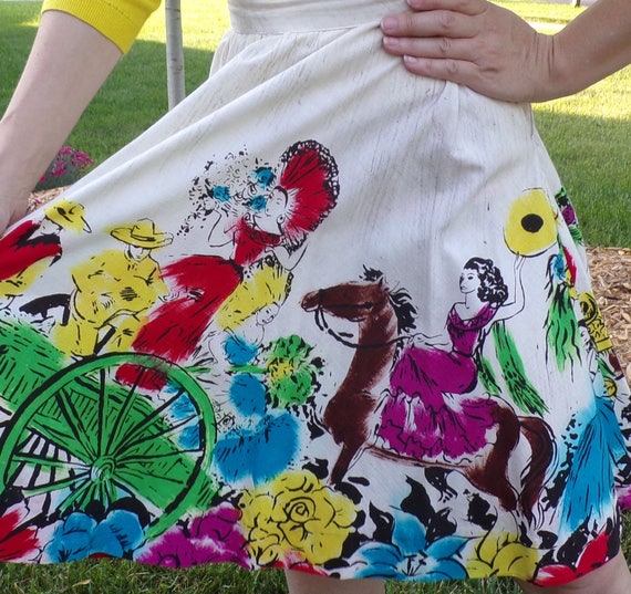 hand painted 1950's MEXICAN CIRCLE SKIRT 50's ful… - image 5