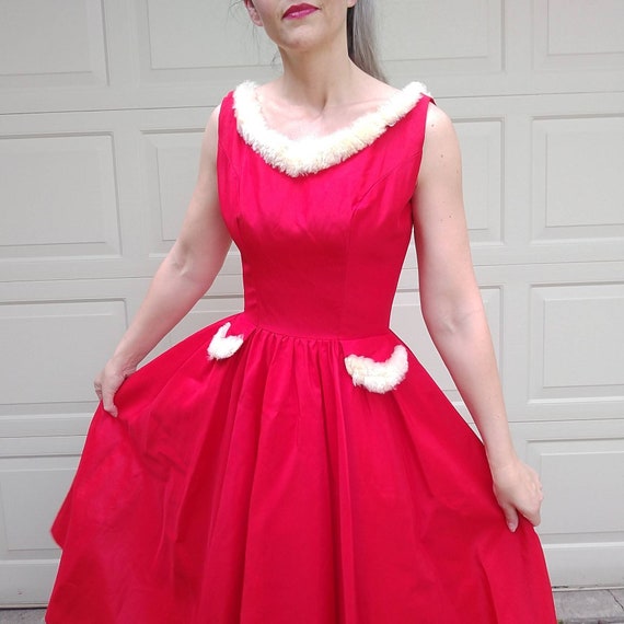 1950s RED PARTY DRESS full skirt 50s S (H2)