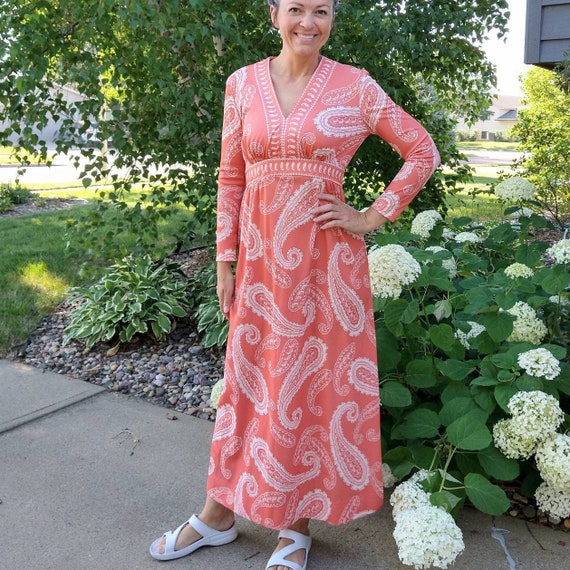 peachy pink PAISLEY MAXI DRESS 60's 70's S (H2)