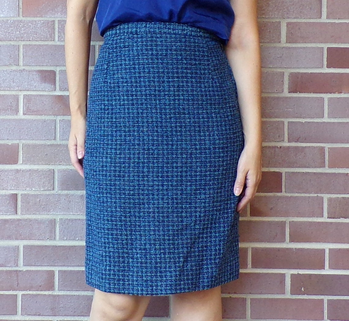 BLUE TWEED vintage pencil SKIRT high 26.5 waist S F9 | Etsy